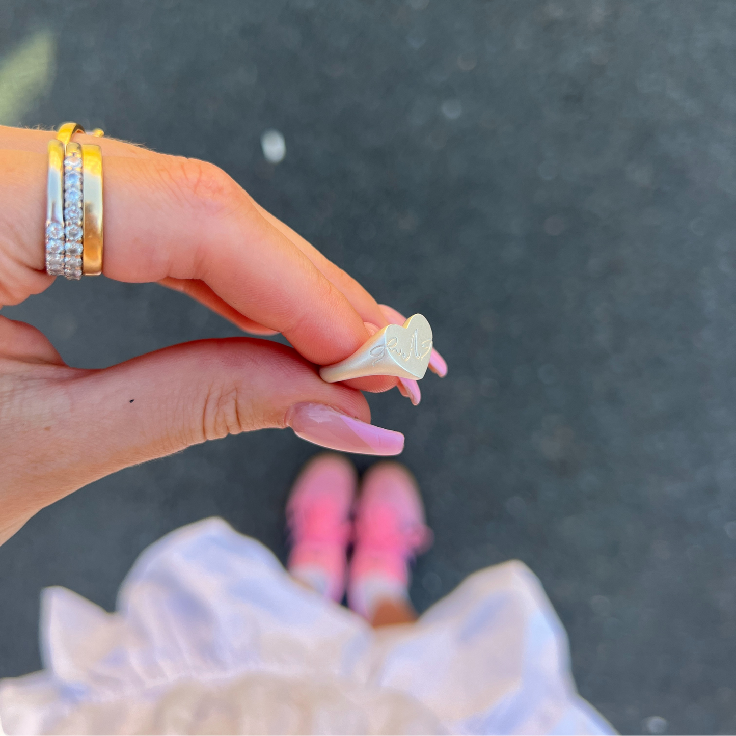 Silver Cascading Bow Heart Signet Ring With Initial