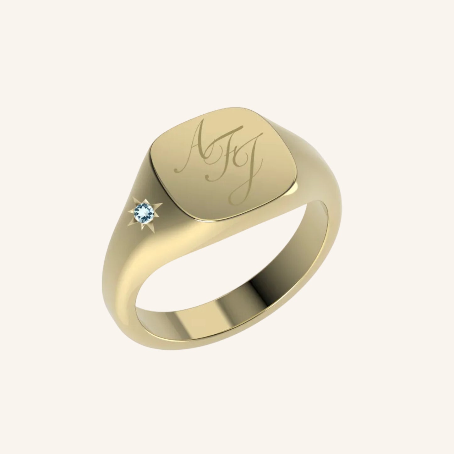 Mini Cushion Pinky Signet Ring With Engraving & Mini Gemstone