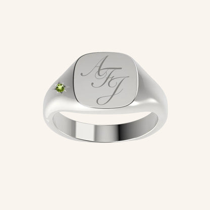 Mini Cushion Pinky Signet Ring With Engraving & Mini Gemstone