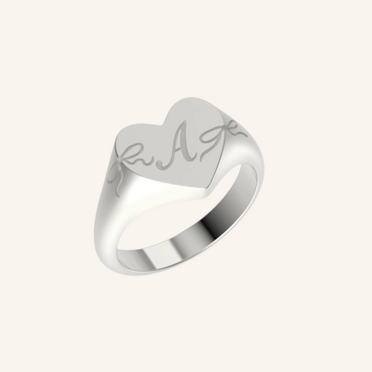Silver Cascading Bow Heart Signet Ring With Initial