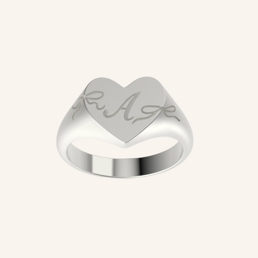 Silver Cascading Bow Heart Signet Ring With Initial