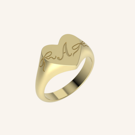 Gold Cascading Bow Heart Signet Ring With Initial