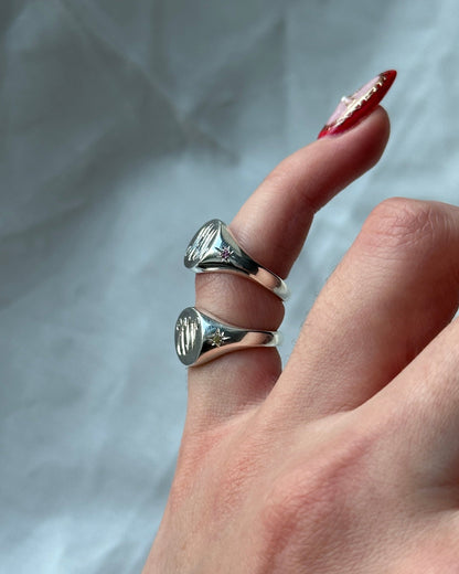 Mini Pinky Round Signet with Double Gems | Silver