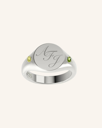 Mini Pinky Round Signet with Double Gems | Silver