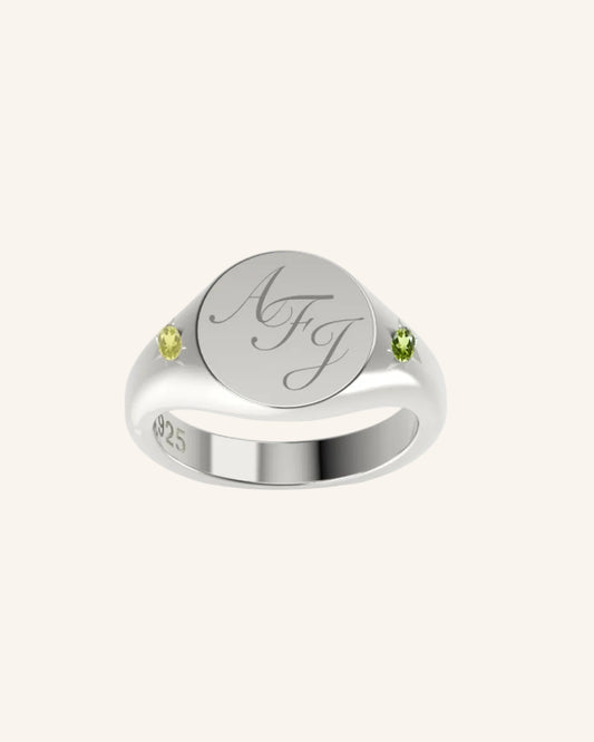 Mini Pinky Round Signet with Double Gems | Silver