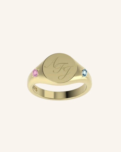 Mini Pinky Round Signet with Double Gems | Gold