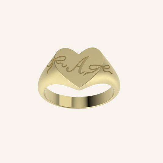 Gold Cascading Bow Heart Signet Ring With Initial